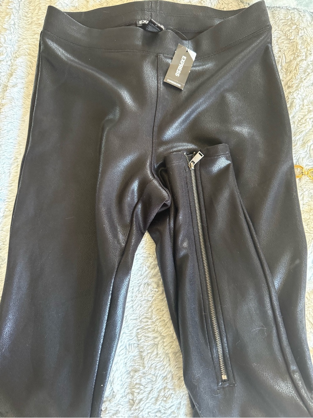 Express Sheen Black Faux Leather Leggings-detailed back calf zipper